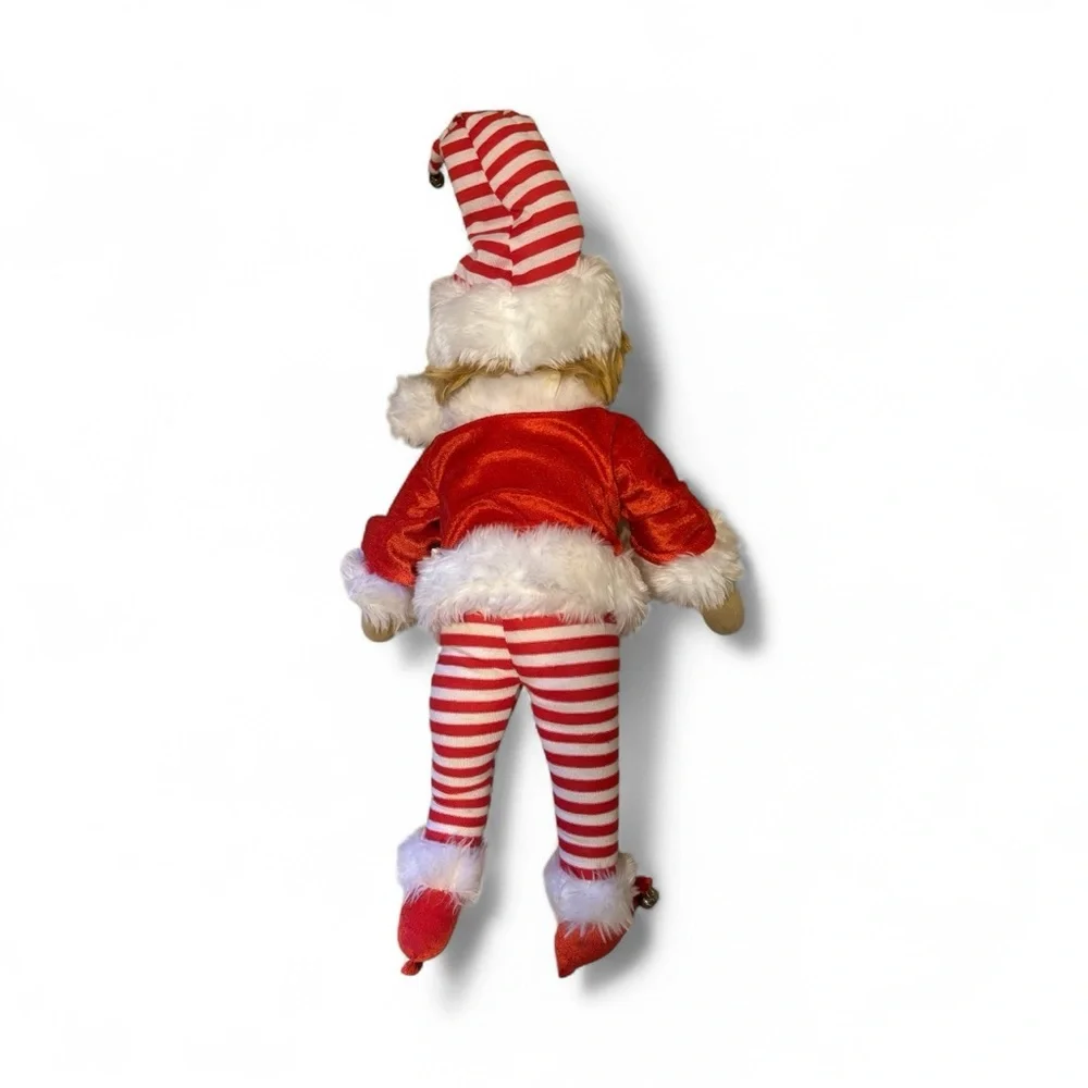 Festive Red Elf Christmas Doll with Striped Legs Posable in excellent condition